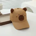 Khaki kids baseball cap with cute bear ears and embroidered cartoon animal face - Adjustable Kids Size / Brown