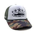 Camo brim trucker hat with white foam front and green mesh, featuring star embroidery - Adjustable / Camouflage Style 4
