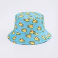 Close-up of light blue bucket hat with yellow duck patterns and stitched brim details - Light Blue Duck Pattern