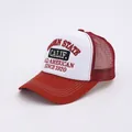 Detailed embroidery of Golden State logo on red and white mesh trucker cap - Adjustable / Red
