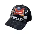 Schwarze Kinder Trucker-Mütze mit rotem Flugzeug-Cartoon und grauer Weltkarte Motiv - Netz Schwarz Flugzeug
