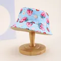 Close-up of kids bucket hat with strawberry print on light blue cotton fabric texture - Kids 54cm / Strawberry Blue