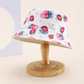 Close-up of strawberry and flower print on a white cotton bucket hat for children - Kids 54cm / Strawberry White