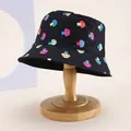Kids black bucket hat featuring colorful cartoon mushroom patterns for sun protection - Kids 54cm / Mushroom Style 1 Black