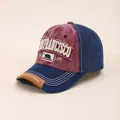 Close-up of vintage San Francisco baseball cap with California bear patch and embroidery - Adjustable / Burgundy