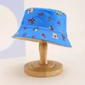Detailed view of the mushroom and bear print on a blue cotton kids bucket hat - Kids 54cm / Mushroom Style 2 Blue