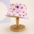 Detail of pink cotton bucket hat with cartoon mushroom and bear print for children - Kids 54cm / Mushroom Style 2 Pink