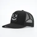 Black mesh trucker hat with white face embroidery and curved brim for men and women - Black