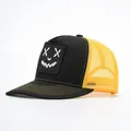 Detail of black and yellow mesh trucker hat with smiley face embroidery and stitching - Black and Yellow