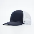 Detail view of navy blue trucker hat featuring white mesh back and contrast stitching - Adjustable / Navy Blue