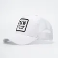 Detailansicht des weißen Mesh-Gewebes und Graffiti-Smile-Patches auf der Trucker-Mütze - Verstellbar / Weiß