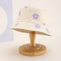 Beigefarbener Fischerhut für Kinder mit lila Smile-Blumen auf Holzständer - Kinder 54cm / Blumen Beige