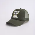 Detail of dark green trucker hat with white graffiti text and yellow smiley face graphic - Adjustable / Green