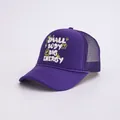 Detail of purple trucker hat with smile face and Small Body Big Energy printed slogan - Adjustable / Purple