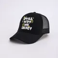 Black trucker hat with Small Body Big Energy slogan and yellow smiley face design - Adjustable / Black