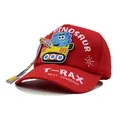 Red kids baseball cap featuring 3D cartoon dinosaur in a yellow crane with T-Rex text - Kids 50-54cm / Red