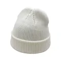 Detail shot of the white ribbed knit beanie featuring thick folded brim texture - One Size / White