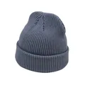 Close-up of deep grey-blue ribbed knit beanie showing thick texture and folded cuff - One Size / Gray
