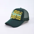 Detail of dark green trucker hat with breathable mesh and retro 3D letter printing - Adjustable / Green