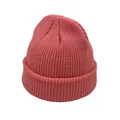 Detailed close-up of coral pink ribbed knit beanie with thick texture and wide fold - One Size / Pink