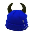 Detail of blue devil horn beanie with punk safety pin and metal rings accents - One Size / Blue
