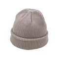 Close-up of ribbed knit texture on a taupe beanie with a wide folded cuff design - One Size / Beige