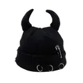 Black knit beanie with devil horns featuring punk metal rings and pin decorations - One Size / Black