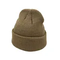 Detailed view of the thick ribbed knit texture on a dark coffee beanie hat for winter - One Size / Khaki