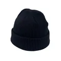 Close-up of the black ribbed knit texture and cuffed edge of the winter beanie hat - One Size / Black