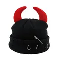 Black knit devil horn beanie with red ears, silver metal rings, and distressed details - One Size / Black With Red Horns