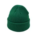 Detail of dark green ribbed knit beanie showing heavy texture and elastic cuff - One Size / Green