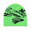 Neon green knitted beanie with black frog jacquard pattern for winter street style - Fluorescent Green