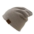 Close-up of the F&S leather patch detail on the textured slouchy knitted beanie hat - One Size / Beige