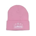 Detail shot of pink knitted beanie with white embroidery showing fabric texture - Mountain Outline (Style 1) / Pink