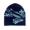 Detailed knit texture of the navy blue beanie with light blue frog graphic design - Navy Blue