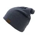 Close-up of dark grey beanie with honeycomb knit texture and leather F&S logo label - One Size / Navy Blue