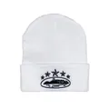 Detail of white beanie embroidery featuring five black stars and a scenic silhouette - White