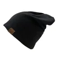Close-up of fine knit texture and brown faux leather F&S logo tag on a black beanie hat - One Size / Black