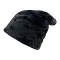 Detail view of the soft knitted fabric texture and black star print on charcoal beanie - One Size / Dark Gray