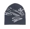 Detailed view of the soft knitted texture and grey frog jacquard pattern on the beanie - Gray
