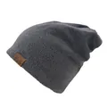 Dark gray waffle knit beanie hat with premium brown leather brand label for sports - One Size / Gray