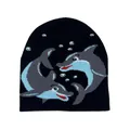 Berretto in maglia nera con motivo jacquard a delfini simmetrici e dettagli a bolle - Nero