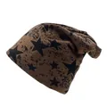 Detailed knit texture of a slouchy coffee brown beanie with black star and ink splash patterns - One Size / Ginger Yellow