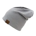 Close-up of light grey waffle knit beanie with a brown leather F&S logo patch - One Size / Light Gray