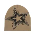 Knitted beanie with black pixelated star pattern in khaki casual street style for winter - Khaki