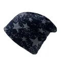 Detail view of the soft knit fabric texture and vintage grey star print on the navy beanie - One Size / Navy Blue