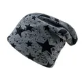 Grey knitted slouchy beanie with black star pattern for autumn and winter outdoor warmth - One Size / Light Gray