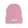Detail of pink knitted beanie featuring white oval mountain landscape embroidery - Pink