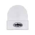 Detail of white knit beanie with ribbed texture and black island embroidery on cuff - Island Building (Style 2) / White
