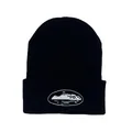 Detailed close-up of white landscape embroidery on a black knit street fashion beanie - Impressionist Landscape (Style 2) / Black
